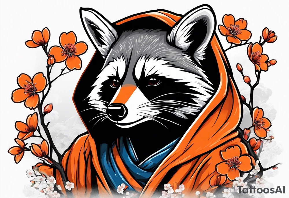 Raccoon wearing a white Superman logo on a black hoodie and orange Japanese cherry blossoms beside tattoo idea