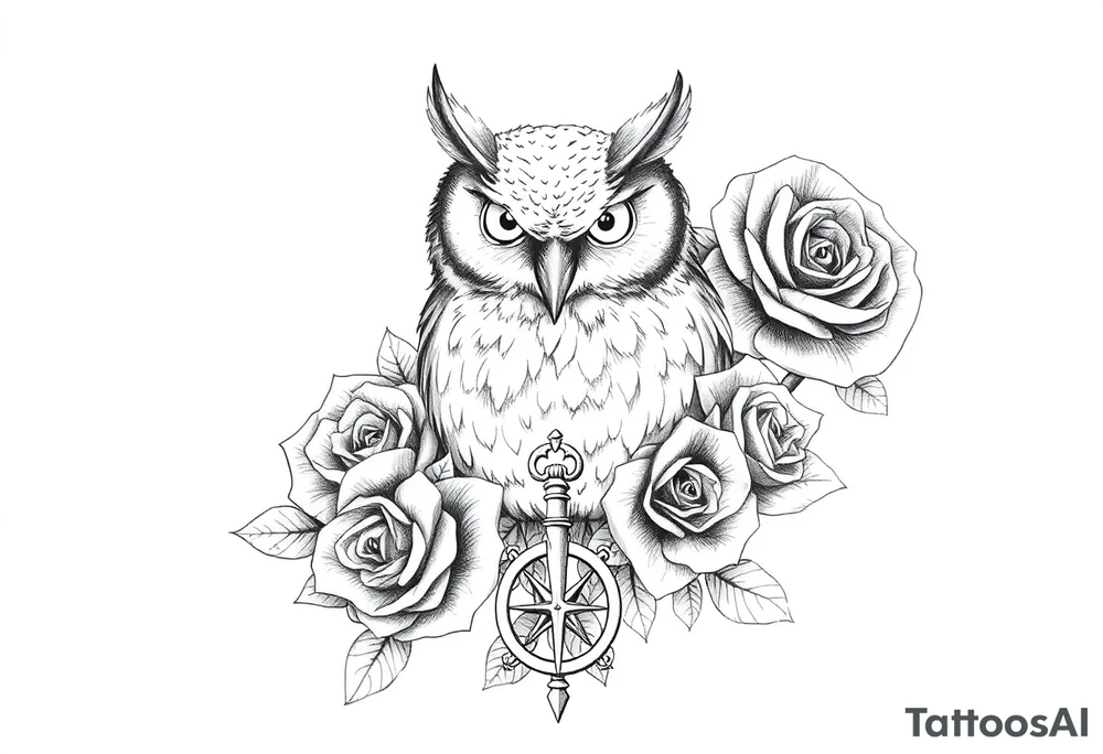 an owl,roses,compass,key. tattoo idea