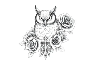 an owl,roses,compass,key. tattoo idea