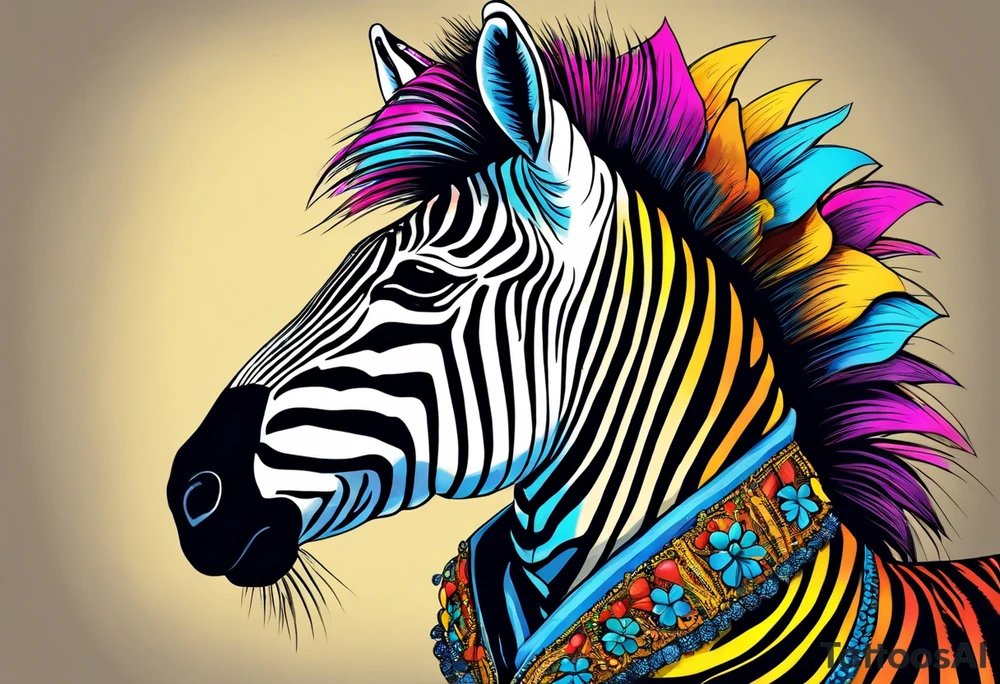 Portrait of a zebra wearing regal clothing, vintage looking, but its main is coloured brightly the same as autism awareness. I want the zebra too almost look human and to be bursting out of a jigsaw piece tattoo idea