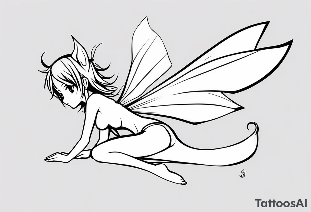 No color sketch of a fairy with a tail inspired by the guild symbol in the anime show called Fairy Tail in a fetal position leaning forward while crawled in and her body is an angle while floating in the air with big wings tattoo idea