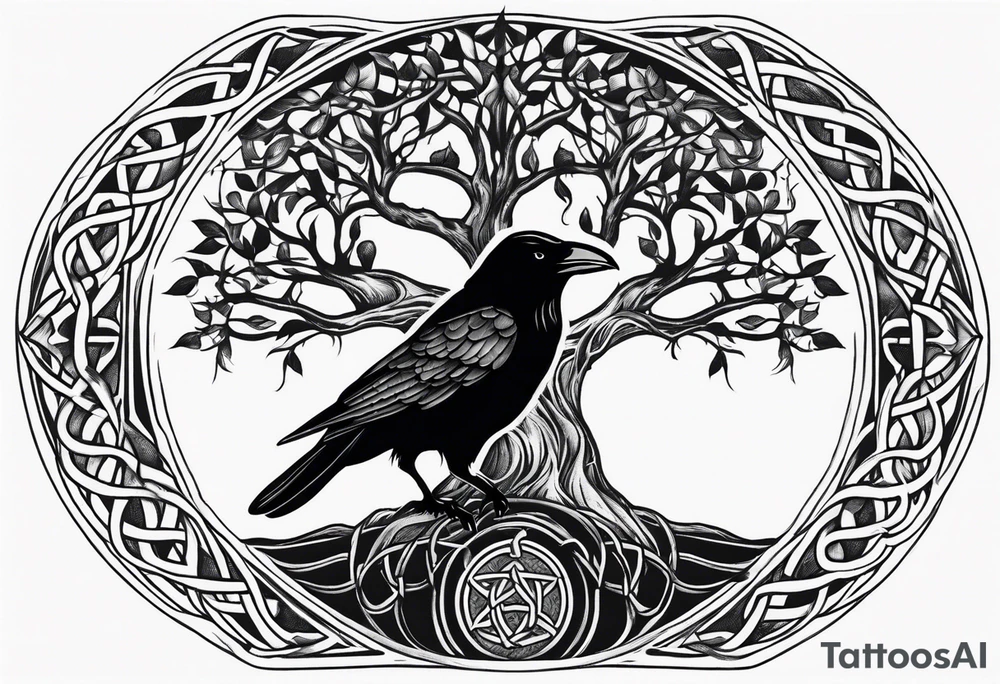world tree with a raven and knotwork sleeve tattoo tattoo idea