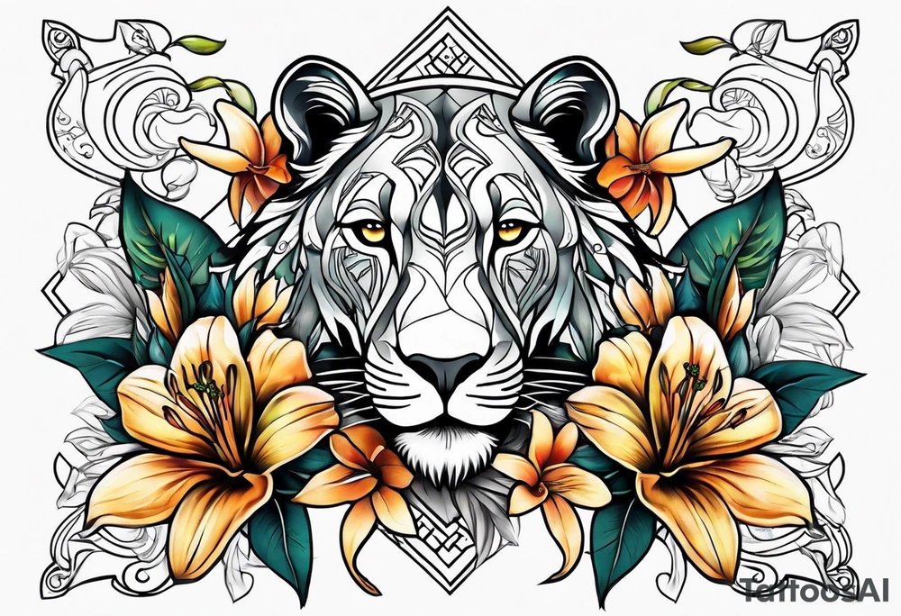 Tribal Lioness with lilies all over tattoo idea