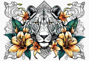 Tribal Lioness with lilies all over tattoo idea