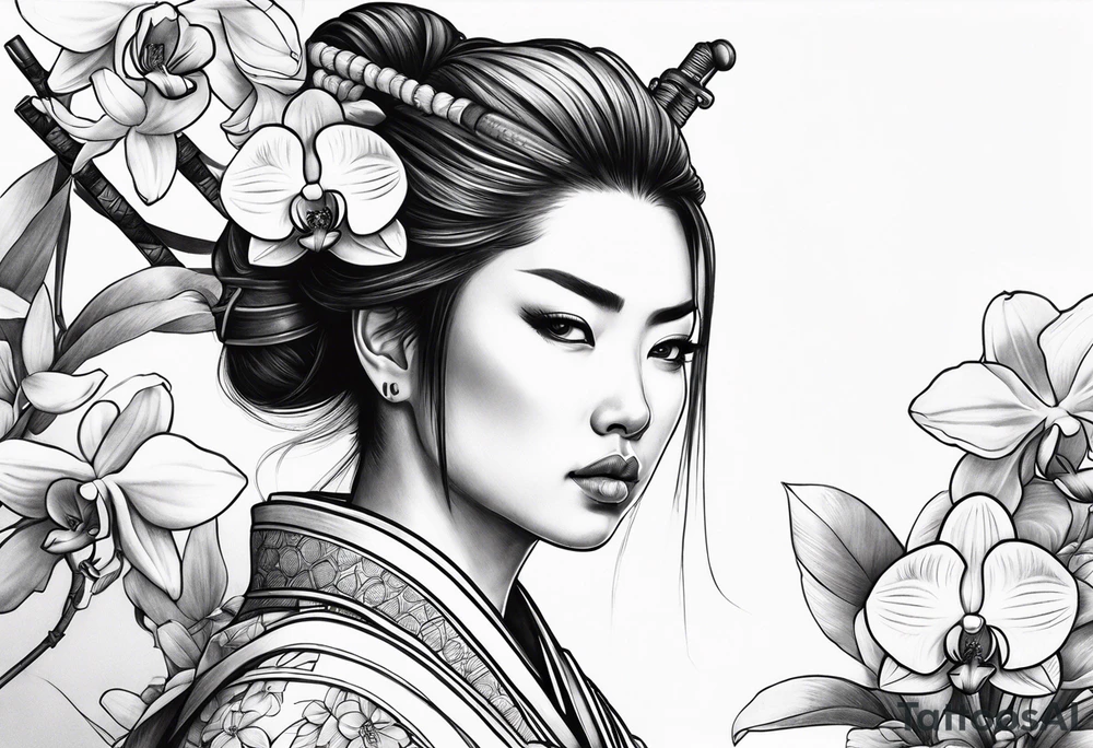 Female samurai with orchids tattoo idea