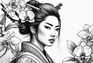 Female samurai with orchids tattoo idea