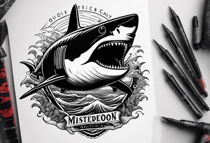 megalodon ni text vertically with the shark and the water wrapping around the text tattoo idea