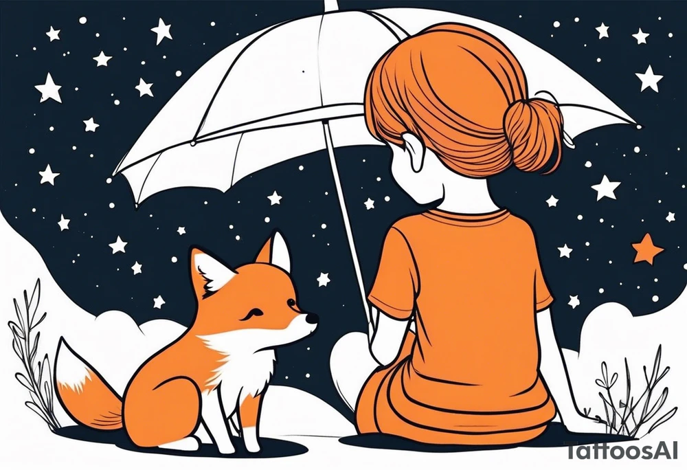 A little girl and a little fox looking at the stars, we see them from behind tattoo idea