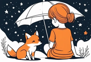 A little girl and a little fox looking at the stars, we see them from behind tattoo idea