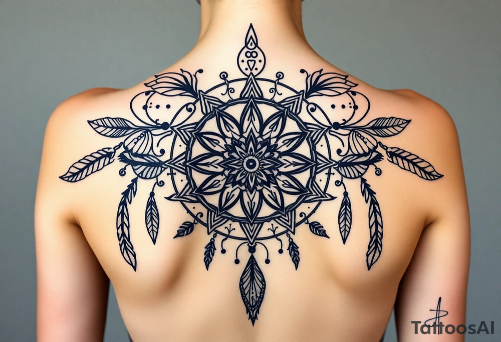 shaman symbols and mandalas and feathers wicca witch spiritual and sami culture big whole back tattoo idea