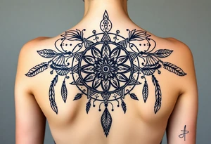 shaman symbols and mandalas and feathers wicca witch spiritual and sami culture big whole back tattoo idea