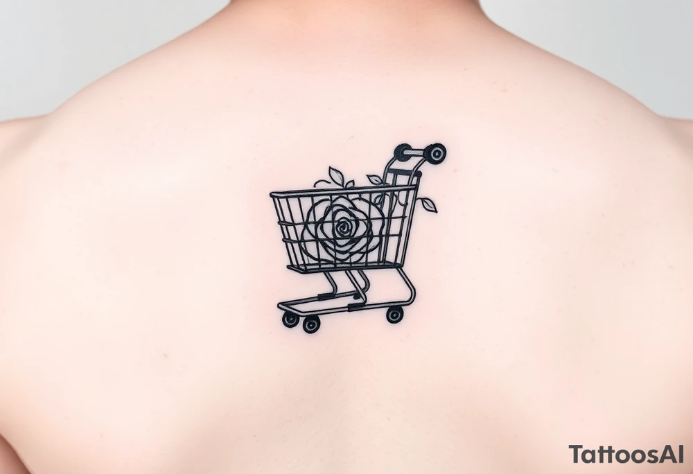 A small shopping cart with a princess rose somewhere on it tattoo idea