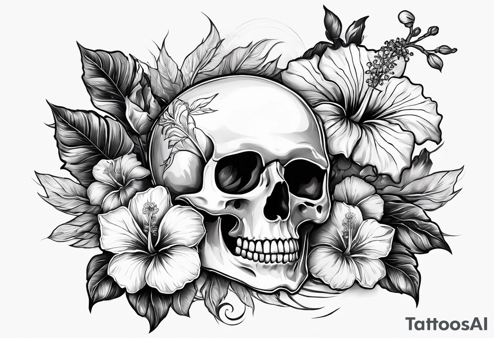 a female skeleton with hibiscus flower. Hint of south korea tattoo idea