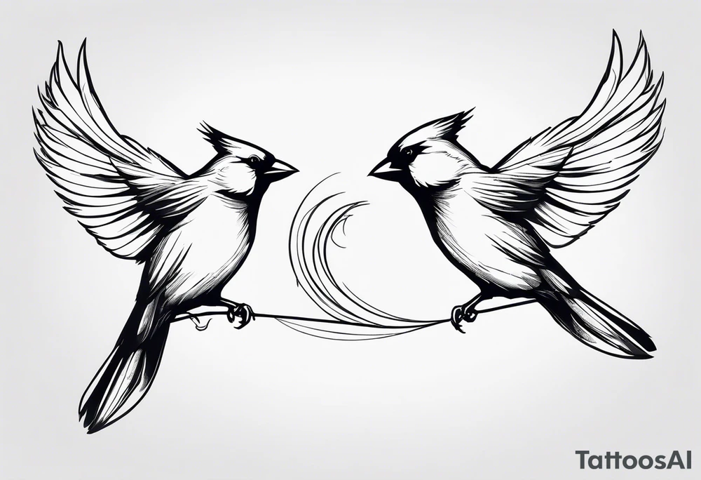 two cardinal birds flying facing eachother one high and one low looking up at the other 
fine line with some shading tattoo idea