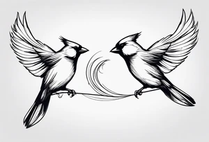 two cardinal birds flying facing eachother one high and one low looking up at the other 
fine line with some shading tattoo idea