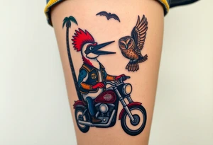 Woody the woodpecker wearing a leather vest that says peckerwoods, on a Harley Davidson under a palm tree, gazing in love at a barn owl tattoo idea
