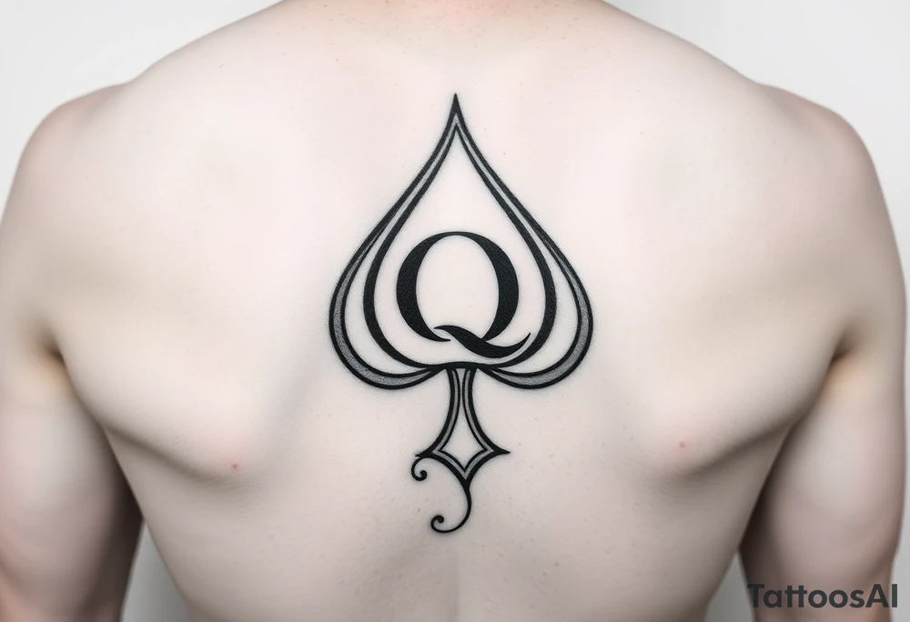 A spade womb tattoo with a Q in the center, with three points around the outside. The first reading, "BLACK". The second reading, "SEED". The third reading, "ONLY". A winding tail at the bottom of the spade. tattoo idea