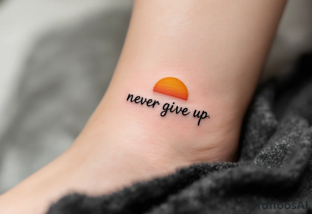 A minimalist black serif "never give up" beneath a small sunrise in warm orange and yellow tones. tattoo idea