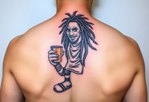 Comic character with dread locs holding a coffee in one hand with socks and slides on tattoo idea