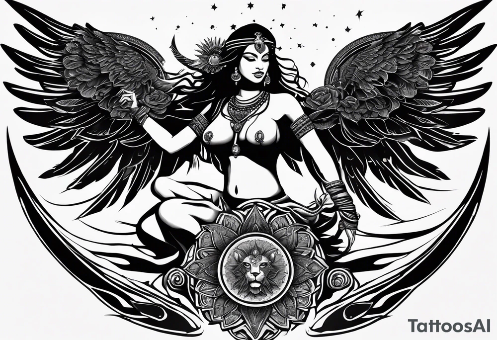 black kali, goddess pirate, alien, angel, pachamama, valkrye, warrior, flying, skull, lotus azul, wing, eagle, zenza resonance, stars, 5D, anahata chakra, death, durga, riding on a tiger, flying lady, kundalini, chest tatoo, samuri, rebel tattoo idea