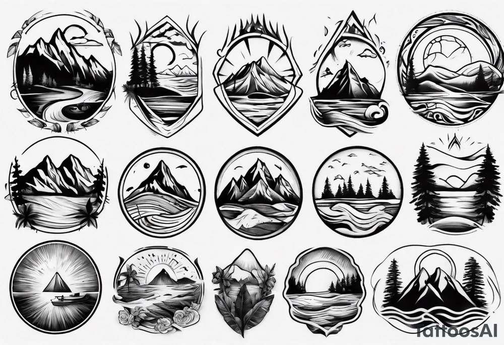 portrait tattoo with mountains, beach, waves, sunset, camping, trees tattoo idea