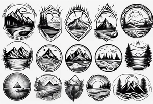 portrait tattoo with mountains, beach, waves, sunset, camping, trees tattoo idea