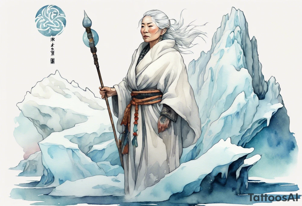 a 40 year old Inuit woman with white hair and a white robe holding a white staff, standing on an iceberg tattoo idea