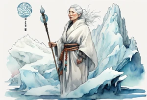 a 40 year old Inuit woman with white hair and a white robe holding a white staff, standing on an iceberg tattoo idea