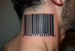 A metallic silver and black barcode with a 3D effect, creating the illusion of depth and a futuristic digital feel. tattoo idea