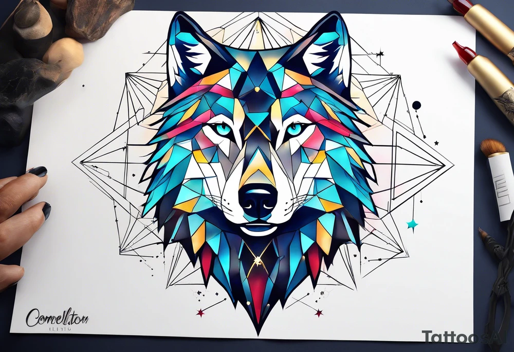 Constellation, two animal wolf, géométric tattoo idea