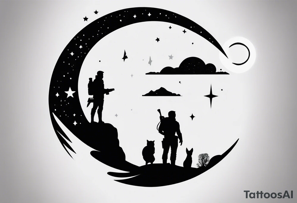 I want a tattoo with the idea and imagery about overcoming depression. I am particularly attached to the the idea of Kid Cudi’s man on the moon and man on the moon type imagery. I would like the general theme to be space related. I like the image of star lord and yondu from guardians of the galaxy when they are floating into space and yondu says I wasn’t your father but I am your daddy. General sci fi and space themes are welcome. Overall, I want a sense of overcoming difficulties. This would be an arm sleeve tattoo idea