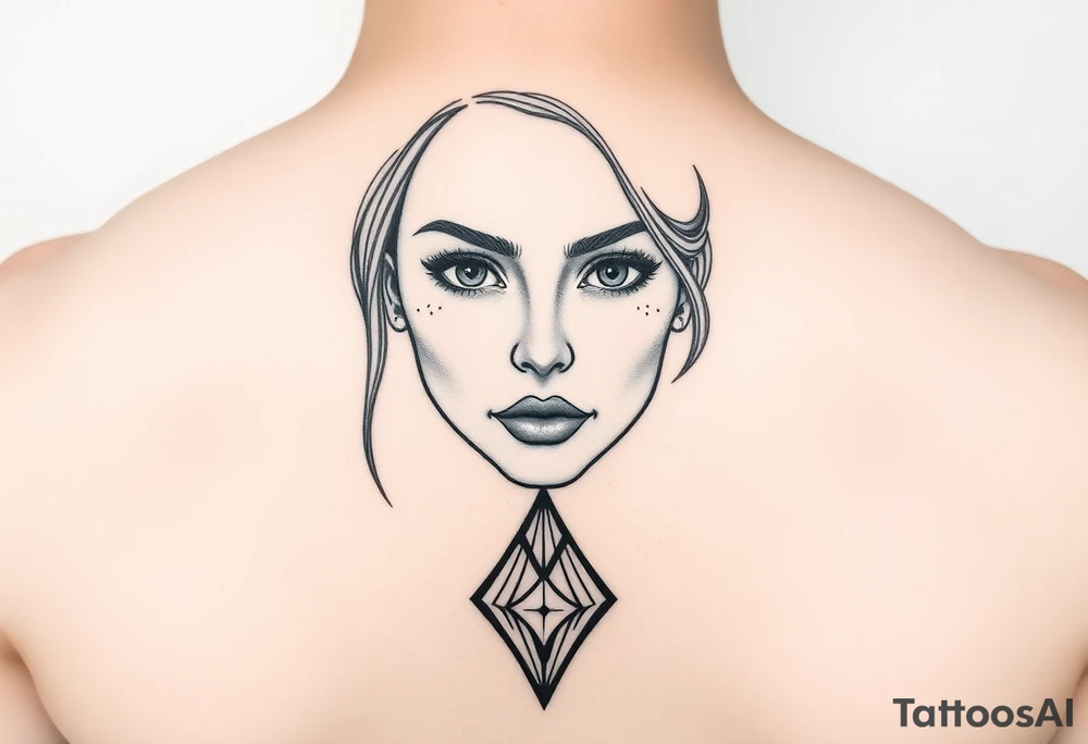 I want a portrait of Ryan Ashelys (the female tattoo artist) face in line work style black. Geometric  with the middle bottom going down to a point towards my middle finger tattoo idea