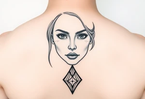 I want a portrait of Ryan Ashelys (the female tattoo artist) face in line work style black. Geometric  with the middle bottom going down to a point towards my middle finger tattoo idea