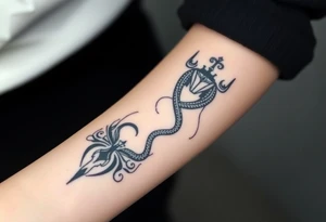 I want a small simple silhouette lines black and white wrist majestic royal snake tattoo that has number 12821 on its body along and also I want it to represent feminine energy crown queen Cycle tattoo idea