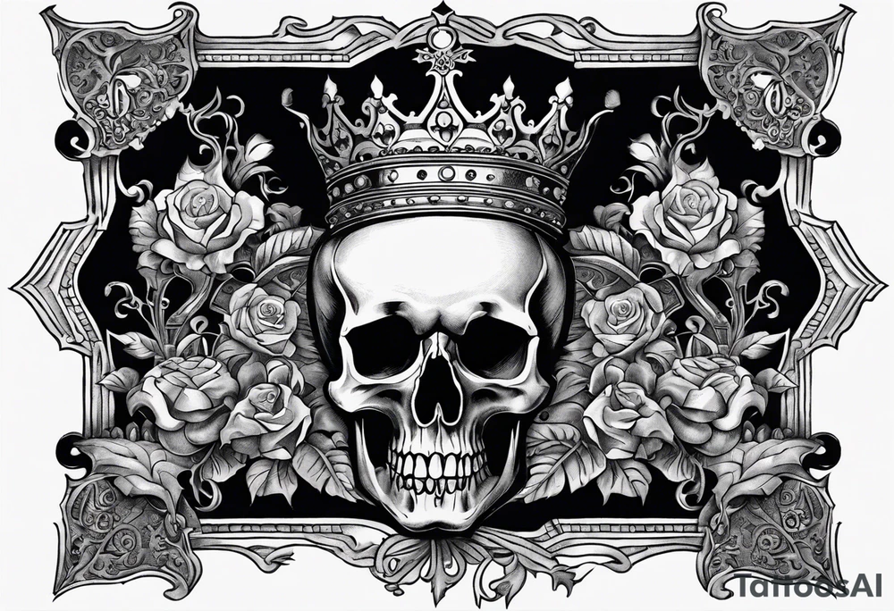 This tattoo covers the chest and features a central skull wearing a large crown with intricate details, resembling a mix of royalty and death imagery. The skull has hollow eyes, sharp teeth, and is draped with a cloth, creating a haunting yet regal appearance. Above the skull, there are dark clouds that frame two contrasting figures on either side: a devilish figure on the left, with horns, holding a glass of wine and grinning mischievously, and an angelic figure on the right, smiling while holding what appears to be a sacred object.

Below the skull, skeletal hands emerge from the sides, framing a bleeding heart wrapped in a crown of thorns, reminiscent of the Sacred Heart symbol in Christian iconography. Rays of light or energy radiate from the heart, adding a powerful and spiritual touch to the design.

The overall composition blends religious and dark themes, creating a strong contrast between good and evil, life and death, all with detailed linework and shading. tattoo idea