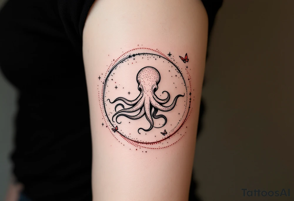 A minimalist dotwork tattoo design in the shape of a spiral galaxy. In the center, a small octopus is subtly integrated into the swirl, with flowing tentacles that extend along the spiral arms. The tentacles transform into elegant, curving lines resembling the flowing tails of koi or betta fish, partially in black ink and partially in fine red lines. Small stars are scattered throughout the galaxy shape, and two delicate butterflies hover near the edges. Style: cosmic abstraction, dotwork, fine line, with elements of Japanese graphic tattoo flow, minimalist, octopus psychedelic dotwork sacred geometry sleeve tattoo idea
