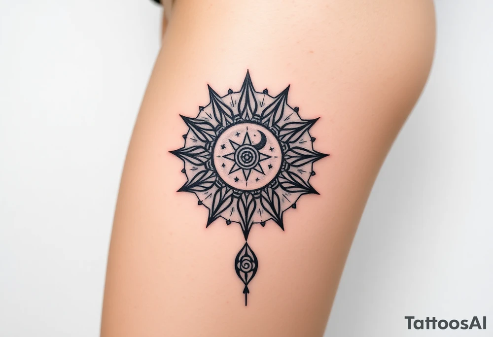 celestial sun and moon embrace with constellation patterns tattoo idea