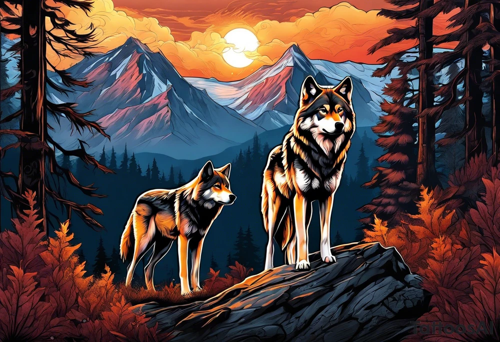 Wolves spouses
Dark woods
Mountains
Sunset tattoo idea