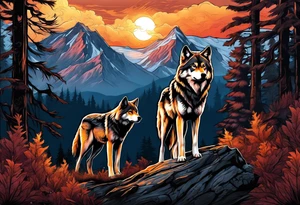 Wolves spouses
Dark woods
Mountains
Sunset tattoo idea