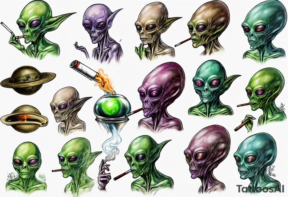 An alien  smoking a spliff tattoo idea