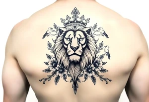 powerful majestic lion with a crown, surrounded by floral ornaments and birds tattoo idea