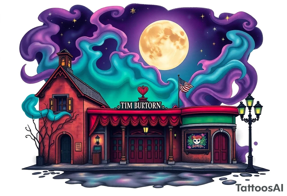 Tim Burton’s famous theatre from outside view is the street abandoned and dripping with muted reds, dusty pinks, and eerie green glow purple and cyan smokey clouds swirl and dance in the moonlit night sky filled with twinkling stars  tattoo idea tattoo idea