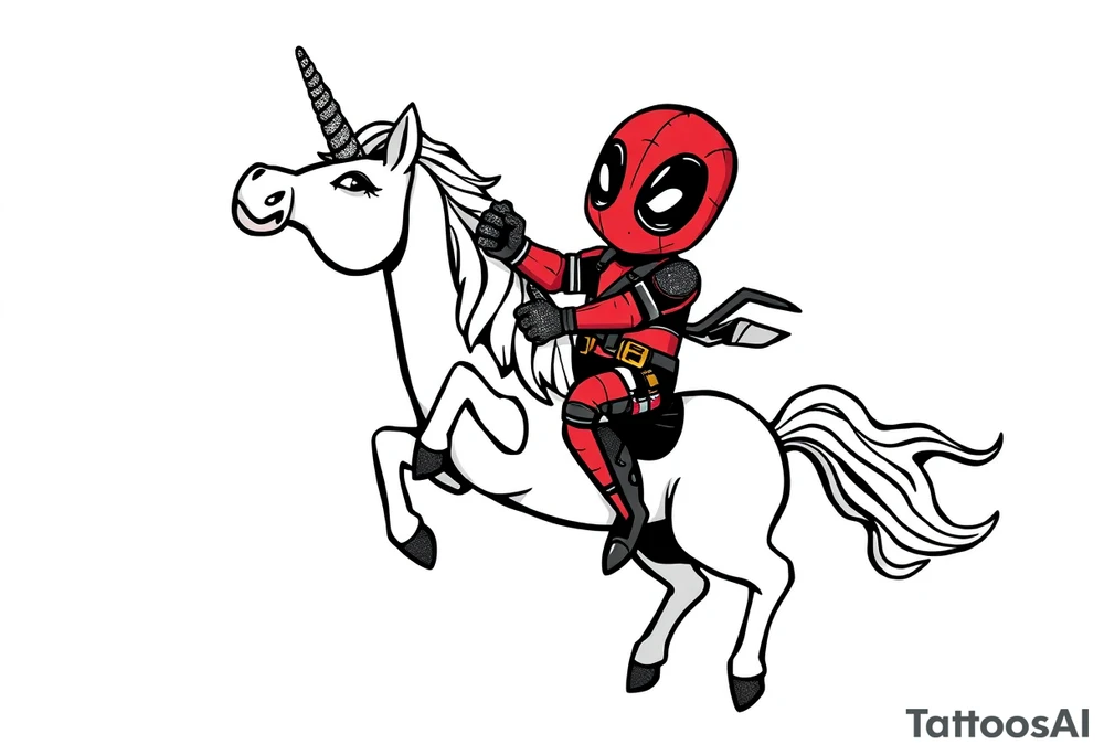 Silly glittery Deadpool riding unicorn  middle finger tattoo idea