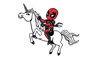Silly glittery Deadpool riding unicorn  middle finger tattoo idea