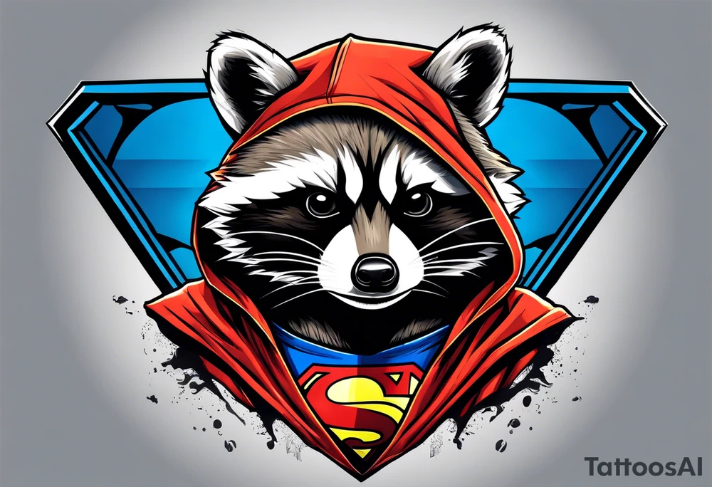 raccoon wearing a Superman hoodie tattoo idea