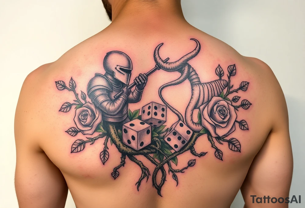 knight and squid intertwined with tree roots and roses rolling dice tattoo idea
