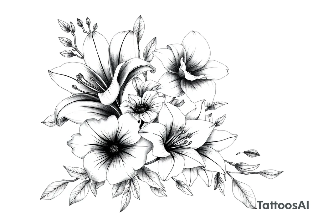 Calia Lily rose gadiolus carnation Narcissus flower sleeve on upper arm and shoulder tattoo idea