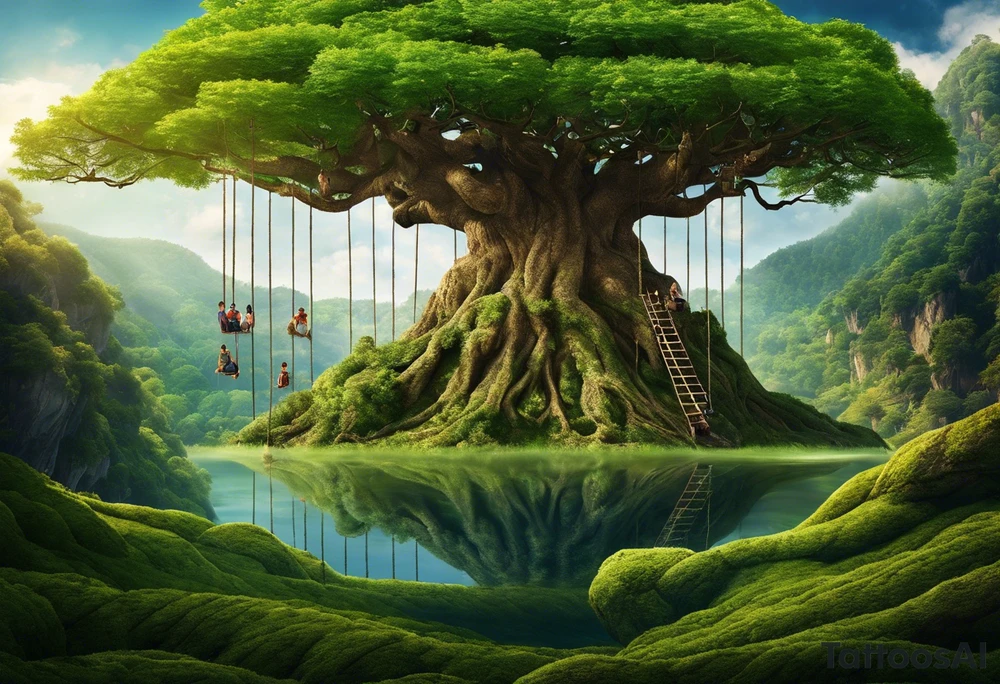 utopia picture of a tree at one level where above the surface is a group of people living in prosperity surrounding a tree. Below the surface the roots of the tree go down and turn into ropes and people are climbing these ropes to try and reach the above the surface. below the people climbing the ropes is hell, wih depicting of war slavery and death. going back to the top, above the tree is a perfection or heaven / nirvana. . include alchemical and occult symbols to depict this journey to enlightenment like religious or astrolligcal symblol. make it a full body tattoo stencil where the top of the tree would be at the chest and the ropes at the legs. tattoo idea
