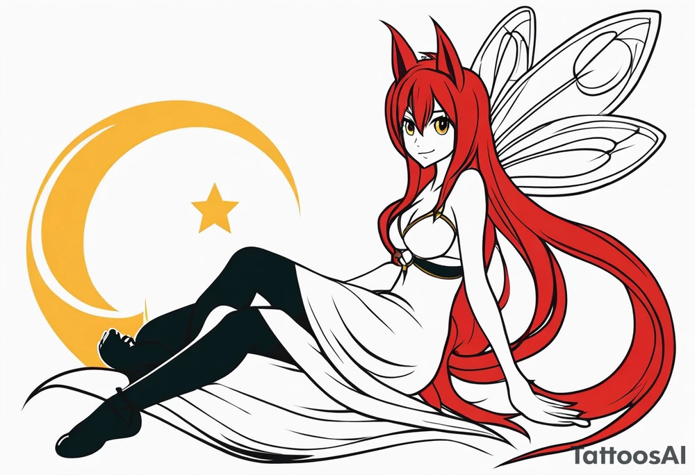 A fairy with a tail inspired by the logo of the show called Fairy Tail in a fetal position leaning in tattoo idea