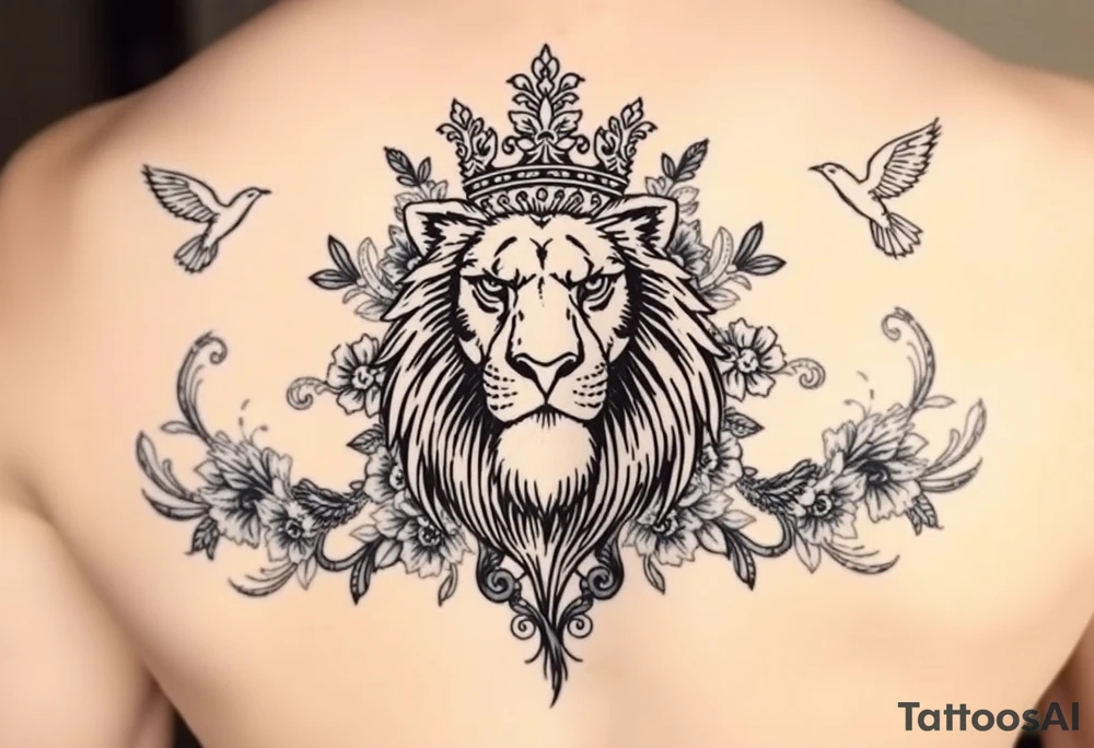 powerful majestic lion with a crown, surrounded by floral ornaments and birds tattoo idea